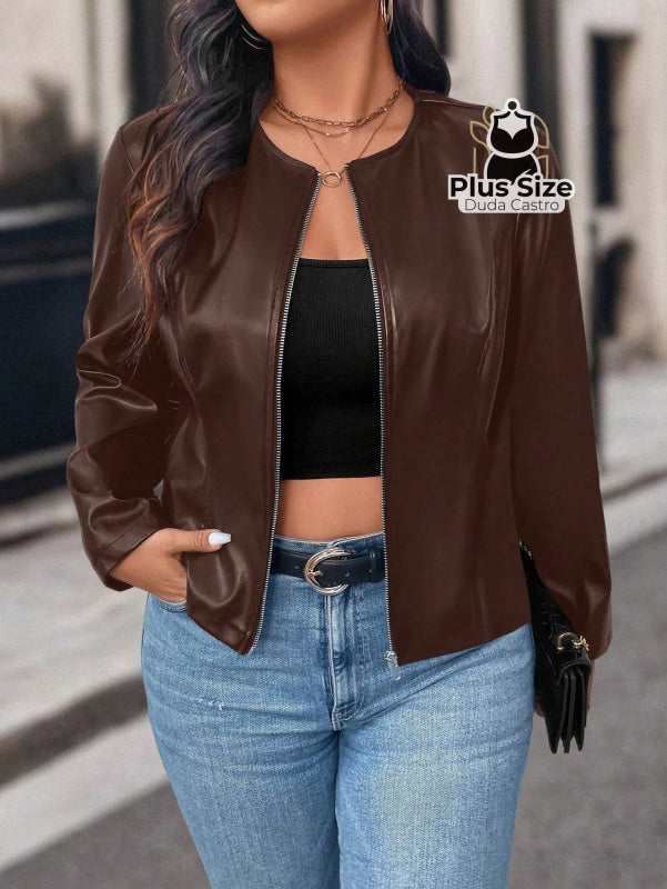 Jaqueta Feminina Plus Size em Couro PU – Poder Estilo e Atitude em Cada Zíper Café / G Jaqueta Feminina Plus Size em