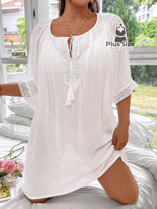 Kaftan Lisa Em Poliamida E Viscose Plus Size Com Transparência Detalhe Em Renda Várias Cores