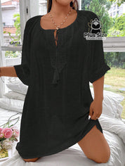 Kaftan Lisa Em Poliamida E Viscose Plus Size Com Transparência Detalhe Em Renda Várias Cores