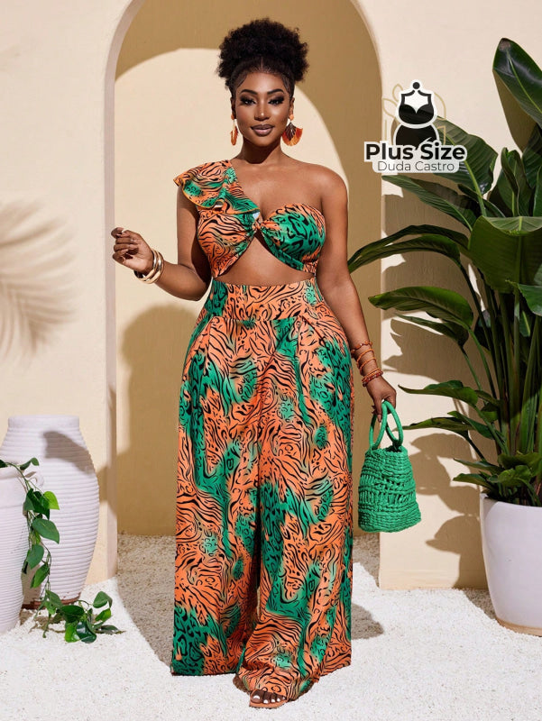 Macacão Elegante Romântico Estampado com Flores Sem Mangas com Recorte Vazado e Perna Larga Plus Size G Macacão