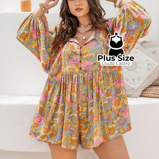 Macaquinho 100% Em Viscose Floral Plus Size Manga Da Lanterna