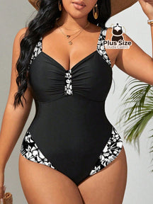 Maiô Com Detalhe Em Estampa Floral Plus Size G / Preto E Branco