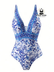 Maiô Com Pareô Floral Decote Em V Ajuste Slim Plus Size