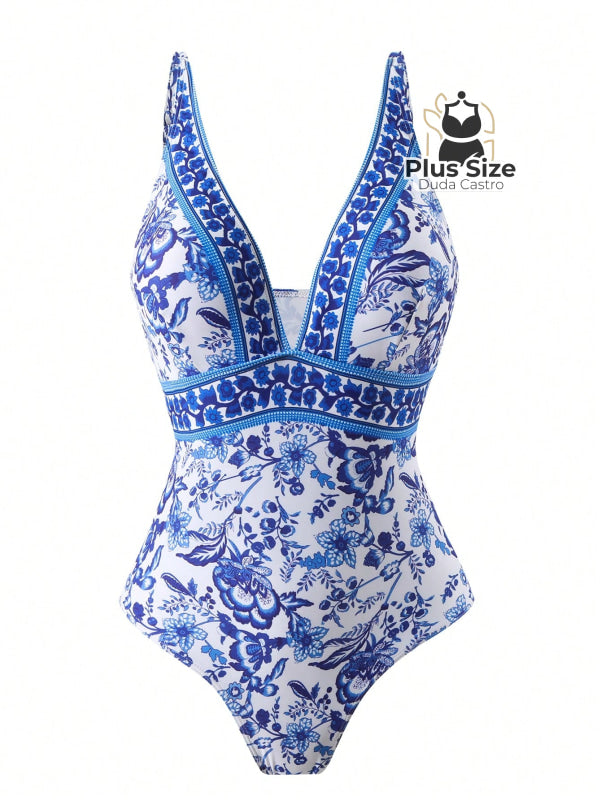 Maiô Com Pareô Floral Decote Em V Ajuste Slim Plus Size