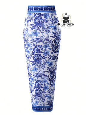 Maiô Com Pareô Floral Decote Em V Ajuste Slim Plus Size