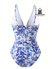 Maiô Com Pareô Floral Decote Em V Ajuste Slim Plus Size