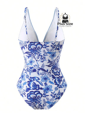 Maiô Com Pareô Floral Decote Em V Ajuste Slim Plus Size
