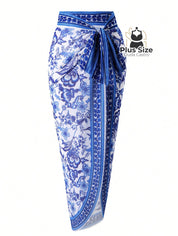 Maiô Com Pareô Floral Decote Em V Ajuste Slim Plus Size