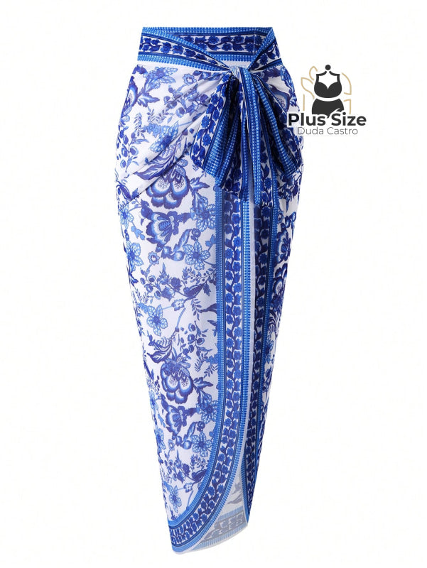 Maiô Com Pareô Floral Decote Em V Ajuste Slim Plus Size