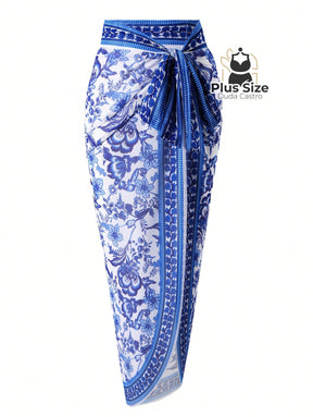 Maiô Com Pareô Floral Decote Em V Ajuste Slim Plus Size