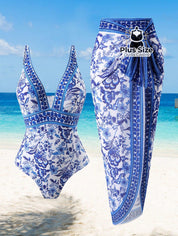 Maiô Com Pareô Floral Decote Em V Ajuste Slim Plus Size