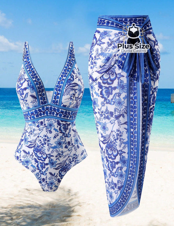 Maiô Com Pareô Floral Decote Em V Ajuste Slim Plus Size