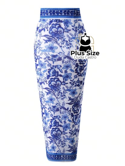 Maiô Com Pareô Floral Decote Em V Ajuste Slim Plus Size