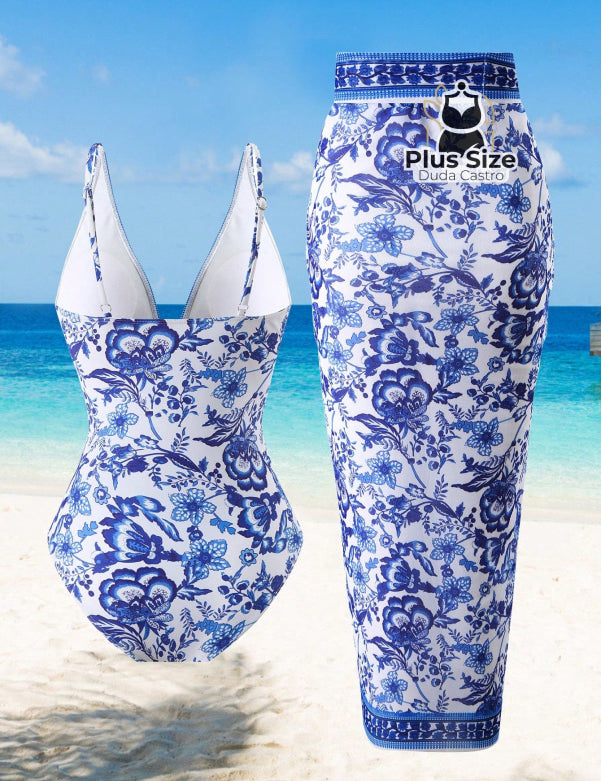 Maiô Com Pareô Floral Decote Em V Ajuste Slim Plus Size