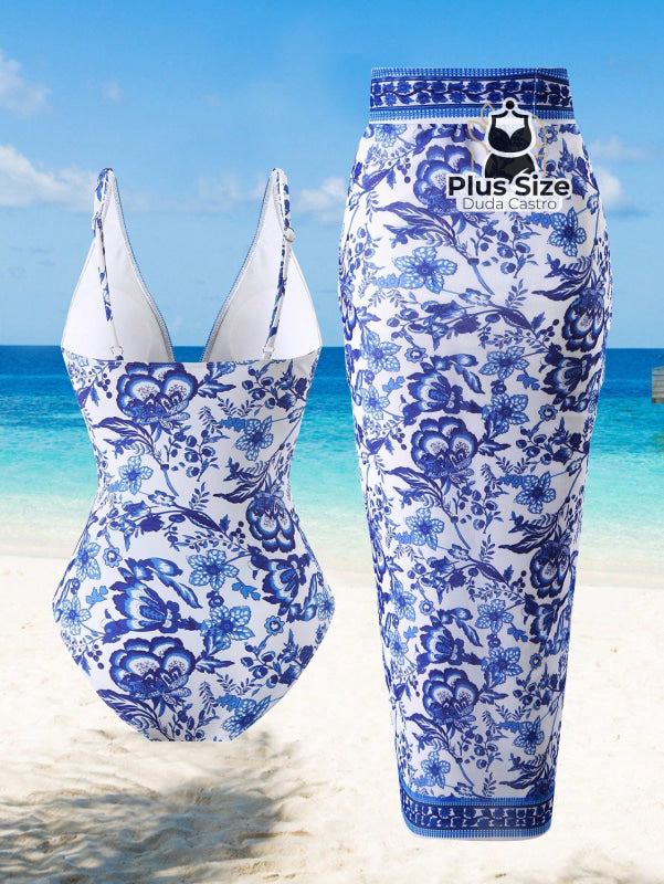 Maiô Com Pareô Floral Decote Em V Ajuste Slim Plus Size