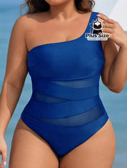 Maiô Liso Assimétrico Com Detalhe Em Tule Contrastante Plus Size