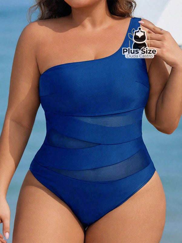 Maiô Liso Assimétrico Com Detalhe Em Tule Contrastante Plus Size