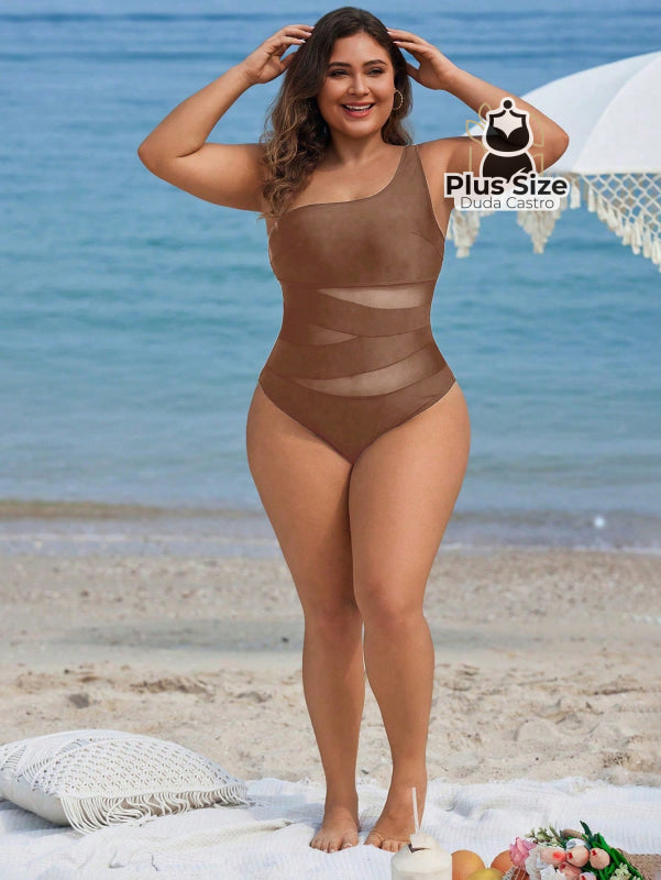 Maiô Liso Assimétrico Com Detalhe Em Tule Contrastante Plus Size