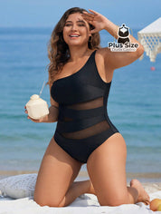 Maiô Liso Assimétrico Com Detalhe Em Tule Contrastante Plus Size