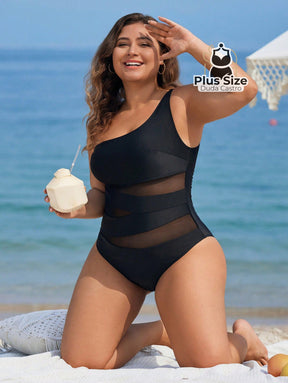 Maiô Liso Assimétrico Com Detalhe Em Tule Contrastante Plus Size