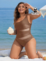 Maiô Liso Assimétrico Com Detalhe Em Tule Contrastante Plus Size