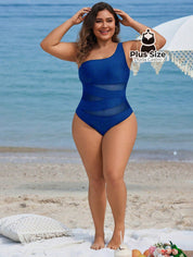 Maiô Liso Assimétrico Com Detalhe Em Tule Contrastante Plus Size