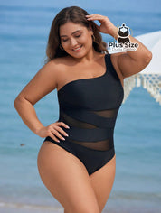 Maiô Liso Assimétrico Com Detalhe Em Tule Contrastante Plus Size