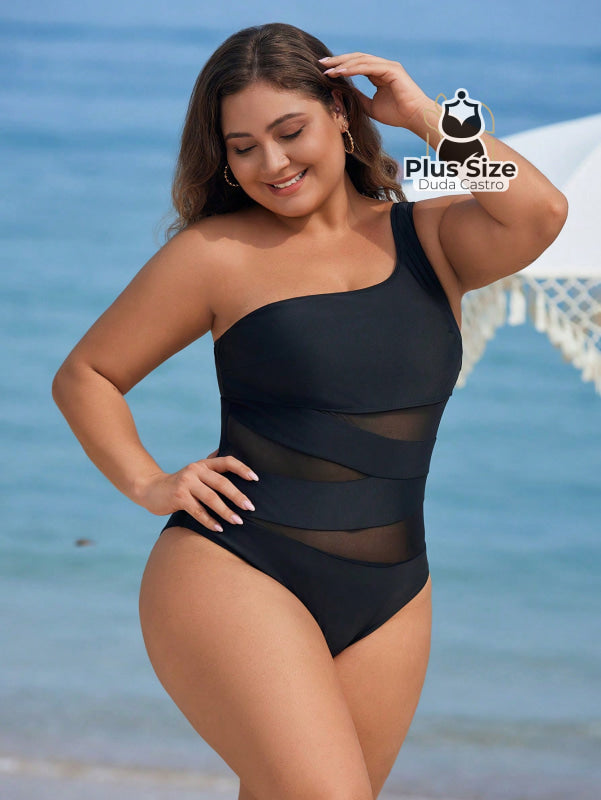 Maiô Liso Assimétrico Com Detalhe Em Tule Contrastante Plus Size