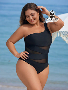 Maiô Liso Assimétrico Com Detalhe Em Tule Contrastante Plus Size