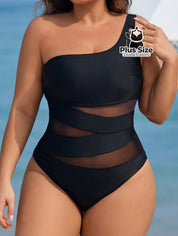 Maiô Liso Assimétrico Com Detalhe Em Tule Contrastante Plus Size