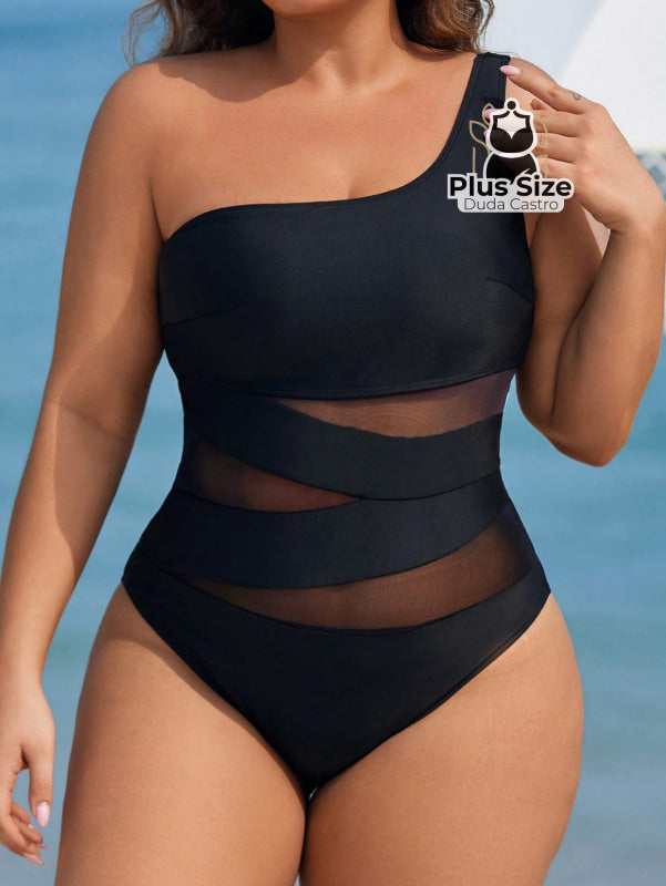 Maiô Liso Assimétrico Com Detalhe Em Tule Contrastante Plus Size