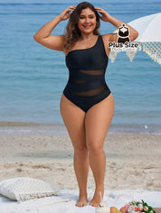 Maiô Liso Assimétrico Com Detalhe Em Tule Contrastante Plus Size