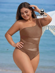 Maiô Liso Assimétrico Com Detalhe Em Tule Contrastante Plus Size