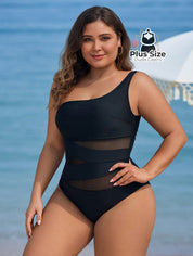 Maiô Liso Assimétrico Com Detalhe Em Tule Contrastante Plus Size