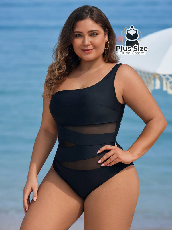 Maiô Liso Assimétrico Com Detalhe Em Tule Contrastante Plus Size
