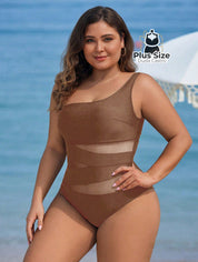 Maiô Liso Assimétrico Com Detalhe Em Tule Contrastante Plus Size