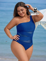 Maiô Liso Assimétrico Com Detalhe Em Tule Contrastante Plus Size