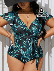 Maiô Plus Size Com Manga E Decote V Estampa De Plantas