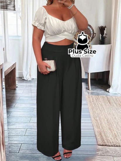 Pantalona Com Zíper E Detalhe Drapeado Plus Size Calça