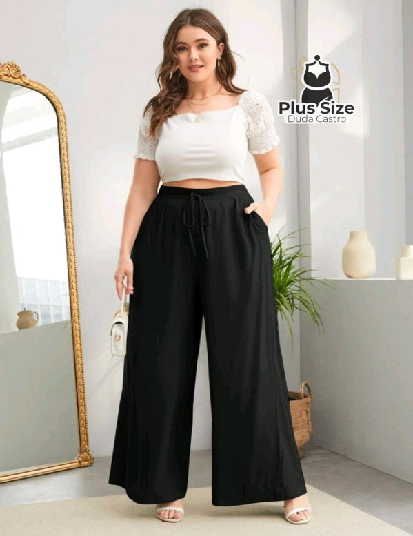 Plussize Pantalona Lisa De Cintura Alta E Cordinha Na Calça