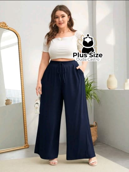 Plussize Pantalona Lisa De Cintura Alta E Cordinha Na Calça