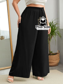 Plussize Pantalona Lisa De Cintura Alta E Cordinha Na G / Preto Calça