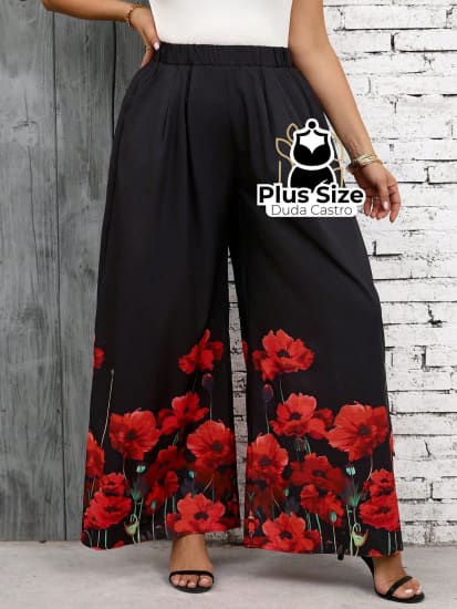 Pantalona Social Com Bolso Plus Size G / Com Flores Calça