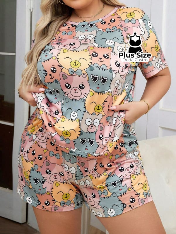 Pijama Plus Size De Gatinho De Mangas Curtas E Shorts