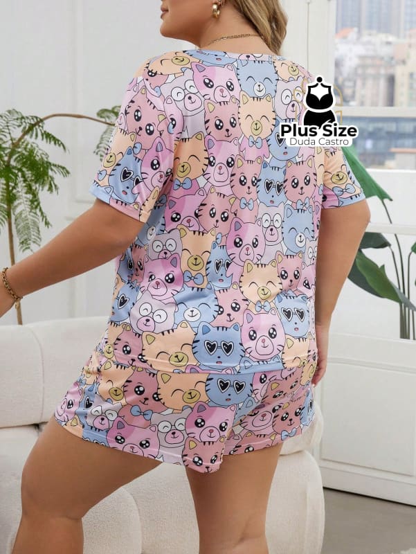 Pijama Plus Size De Gatinho De Mangas Curtas E Shorts