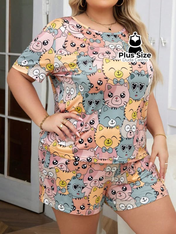 Pijama Plus Size De Gatinho De Mangas Curtas E Shorts