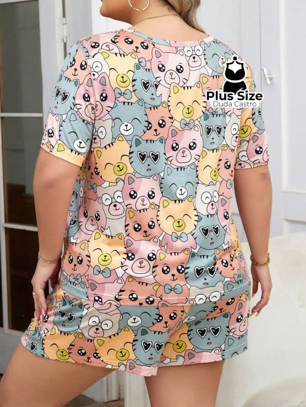 Pijama Plus Size De Gatinho De Mangas Curtas E Shorts