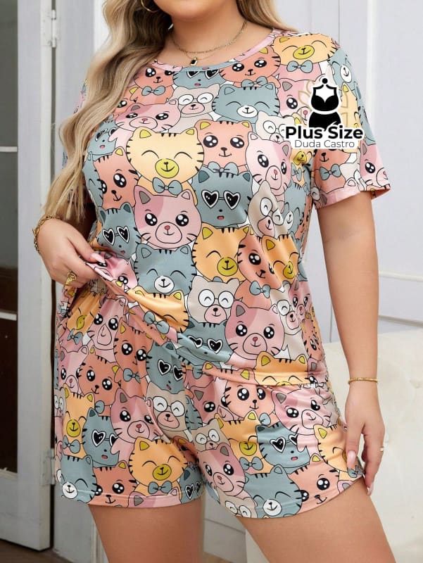 Pijama Plus Size De Gatinho De Mangas Curtas E Shorts