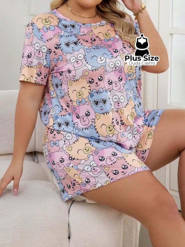 Pijama Plus Size De Gatinho De Mangas Curtas E Shorts