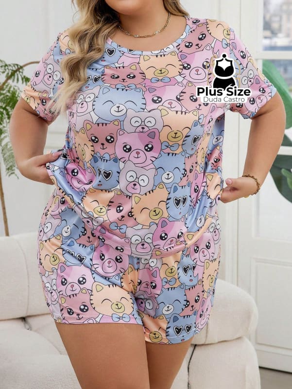 Pijama Plus Size De Gatinho De Mangas Curtas E Shorts